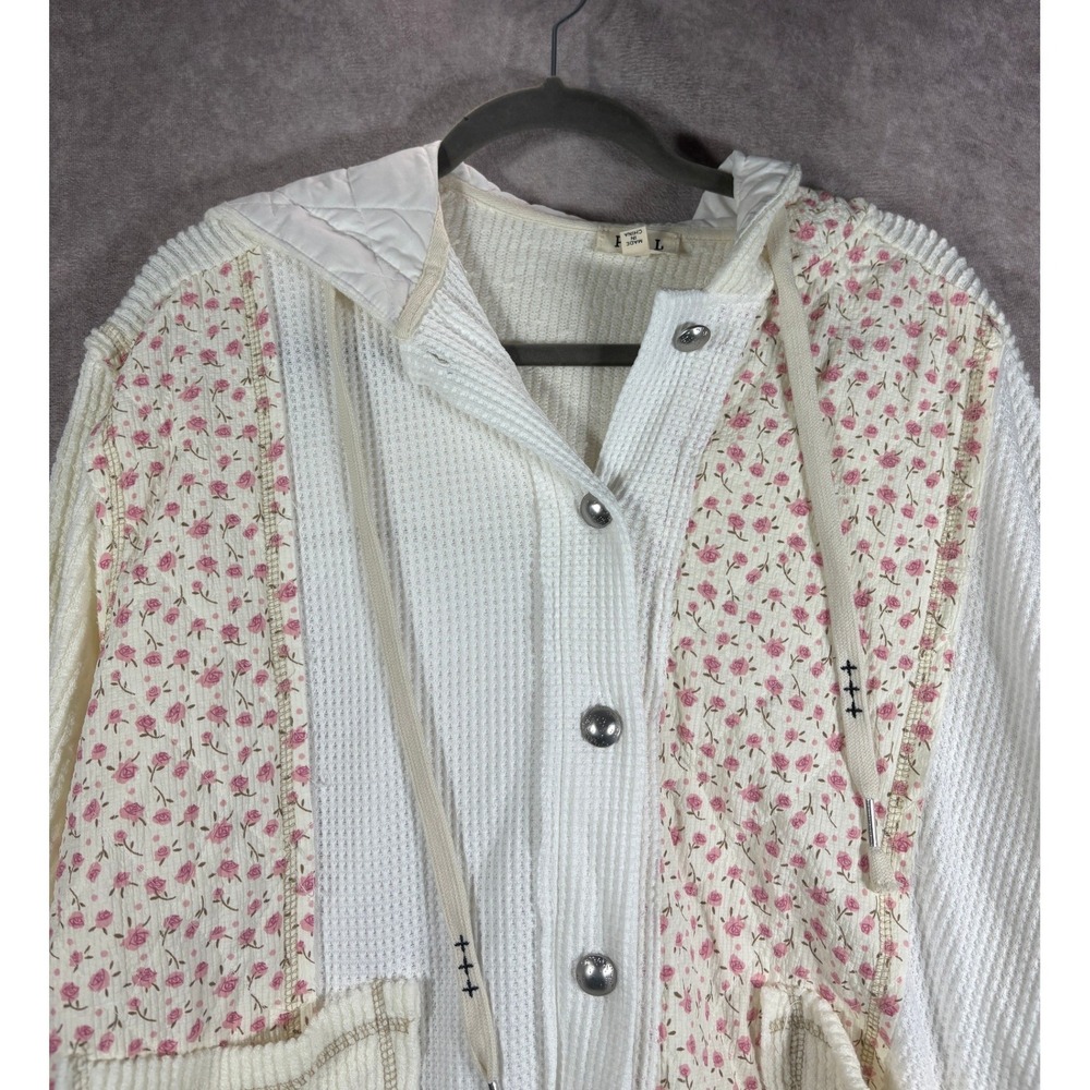 POL Jacket Women M White Floral Waffle Knit Mixed Media Boho Shacket Cottagecore - Picture 2 of 9